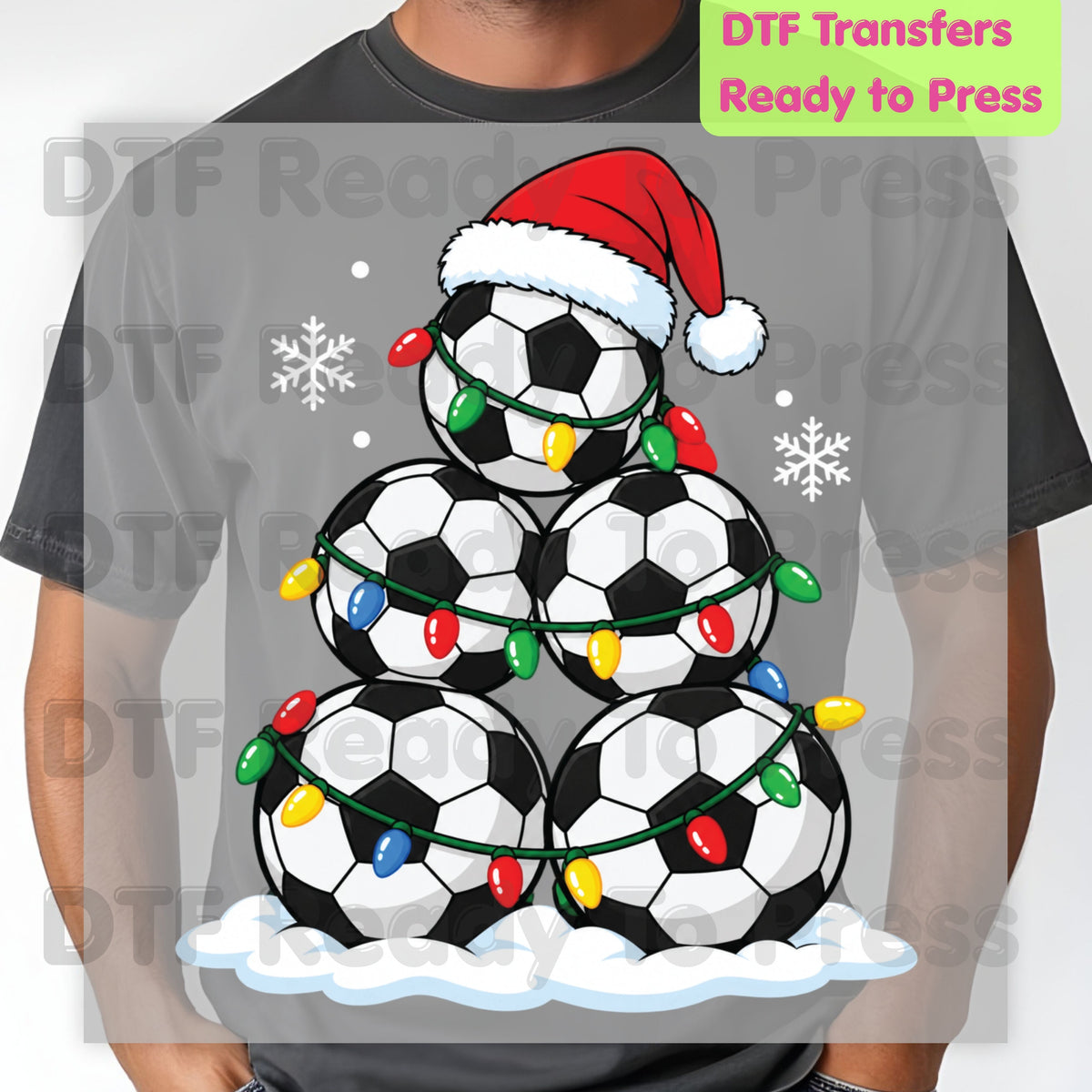 Christmas DTF Transfer, Soccer Ball Christmas Tree, Santa Hat and Lights Graphic