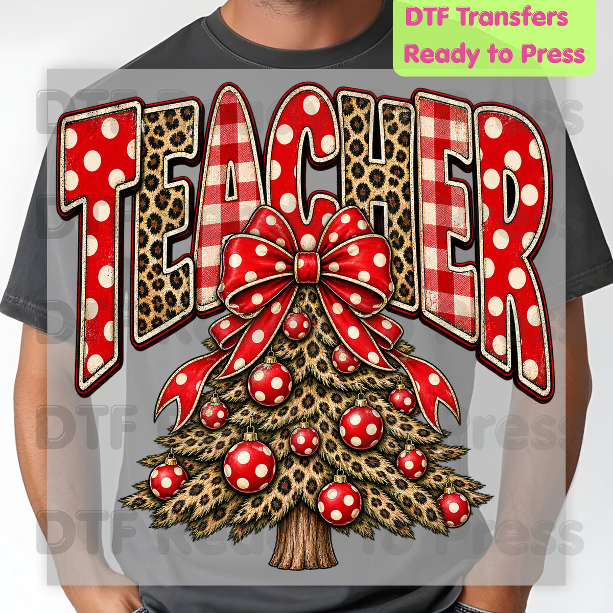 Christmas Teacher Tree DTF Transfers, School Leopard Plaid Red Bow Holiday Ready to Press