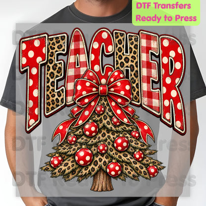 Christmas Teacher Tree DTF Transfers, School Leopard Plaid Red Bow Holiday Ready to Press