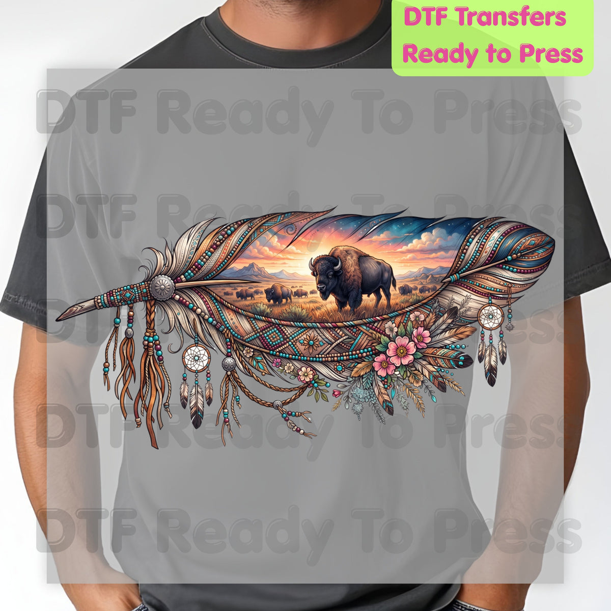 Western Buffalo Feather DTF Transfers, Dreamcatcher Boho Bison Tribal Sunset Ready to Press