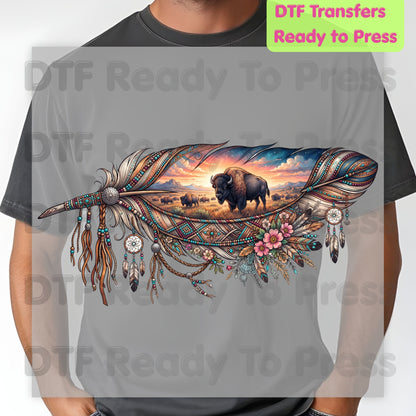 Western Buffalo Feather DTF Transfers, Dreamcatcher Boho Bison Tribal Sunset Ready to Press