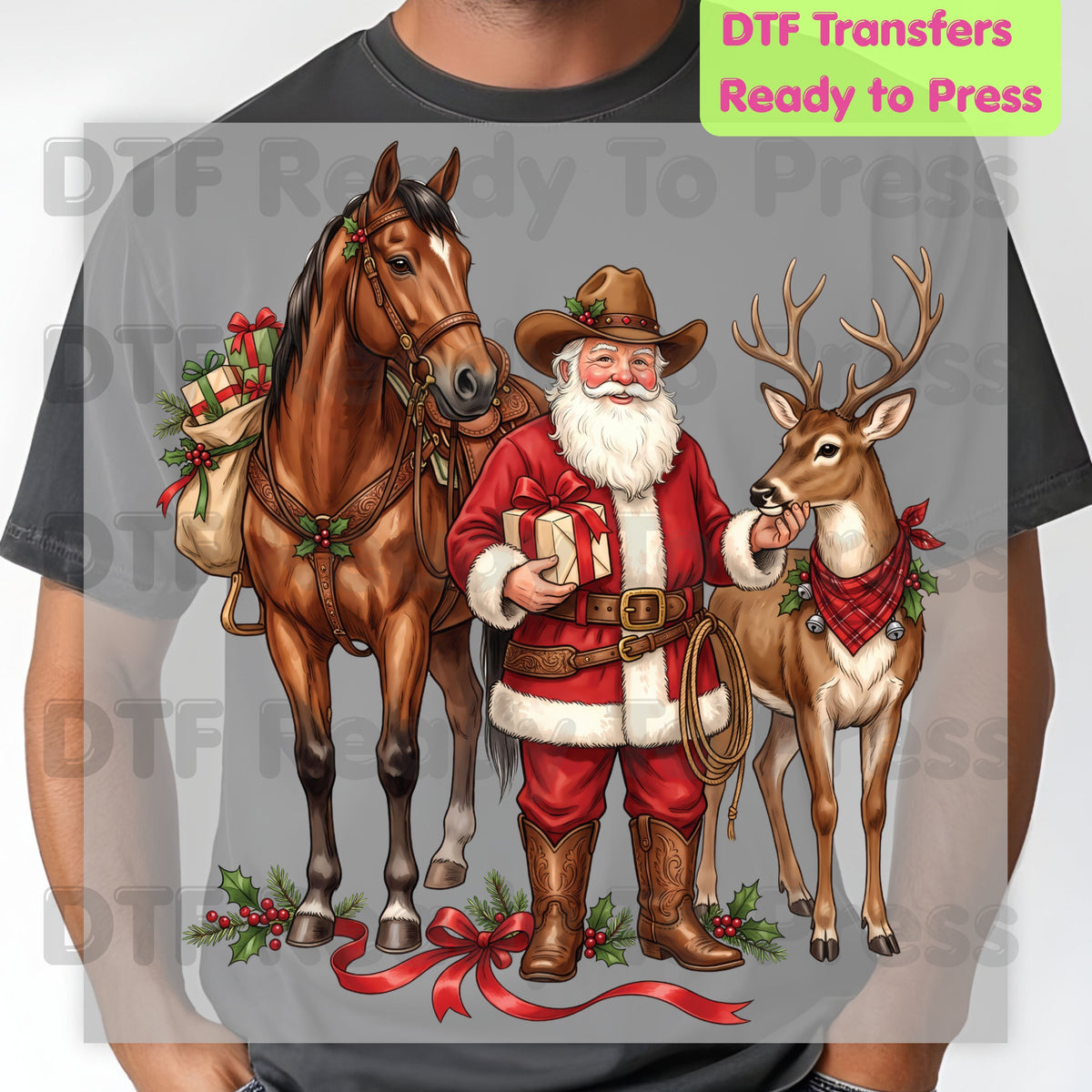 Christmas DTF Transfer, Cowboy Santa with Horse and Reindeer, Western Holiday Graphic