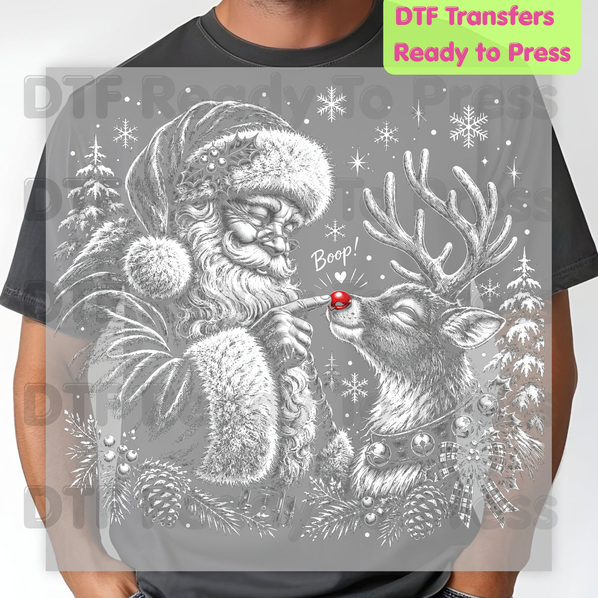 Christmas DTF Transfer, Vintage Santa Claus and Red Nose Reindeer Sketch