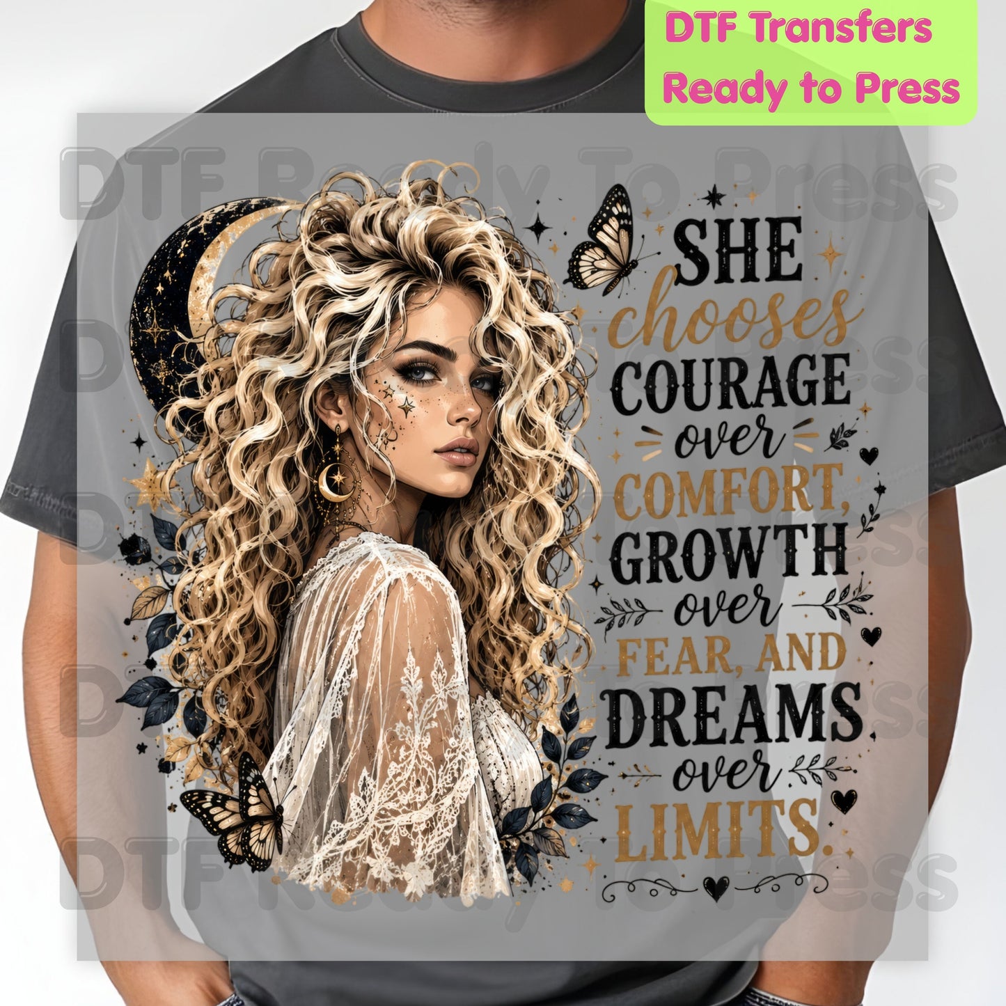 She Chooses Courage DTF Transfers, Blonde Woman Crescent Moon Butterfly Inspirational Ready to Press