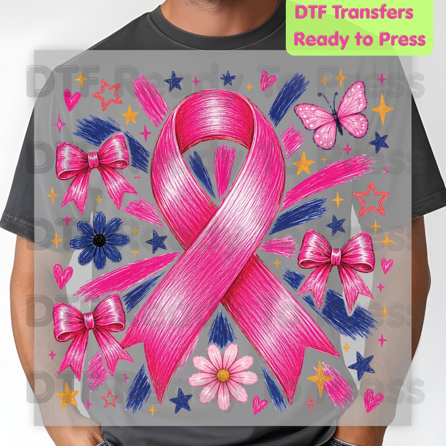 Breast Cancer DTF Transfer Ready to Press Pink Ribbon Bows Butterfly Flowers Awareness Heat Transfer Tee Print Direct to Film