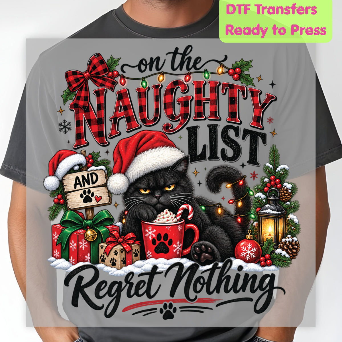 Christmas DTF Transfer, Naughty List Black Cat with Santa Hat, Funny Holiday Graphic