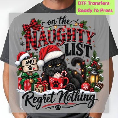 Christmas DTF Transfer, Naughty List Black Cat with Santa Hat, Funny Holiday Graphic