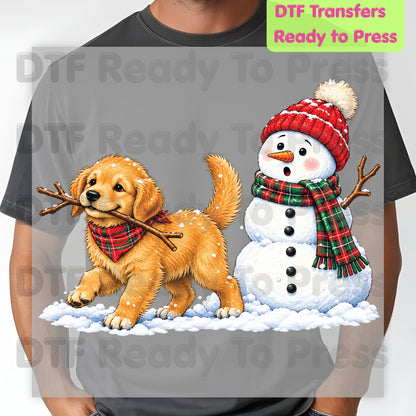 Christmas DTF Transfer, Golden Retriever Puppy with Snowman and Plaid Scarf