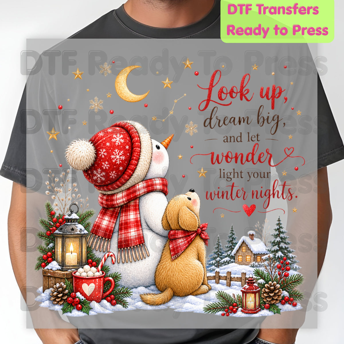 Snowman Dog DTF Transfers, Look Up Dream Big Quote Cute Winter Christmas Ready to Press