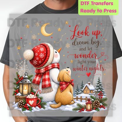 Snowman Dog DTF Transfers, Look Up Dream Big Quote Cute Winter Christmas Ready to Press