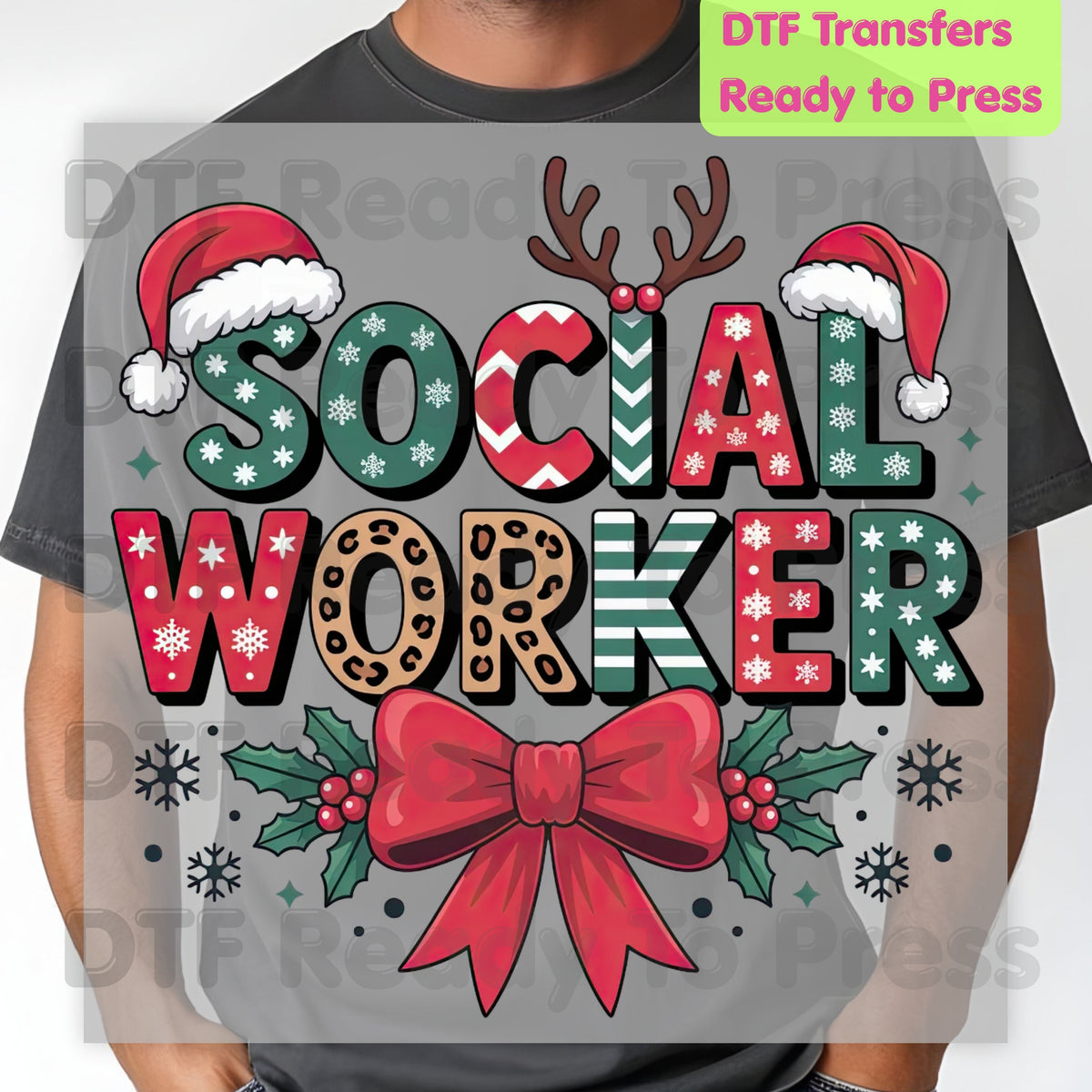 Christmas Social Worker DTF Transfers, Holiday Santa Hat Leopard Bow Social Work Ready to Press