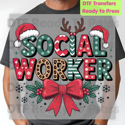 Christmas Social Worker DTF Transfers, Holiday Santa Hat Leopard Bow Social Work Ready to Press