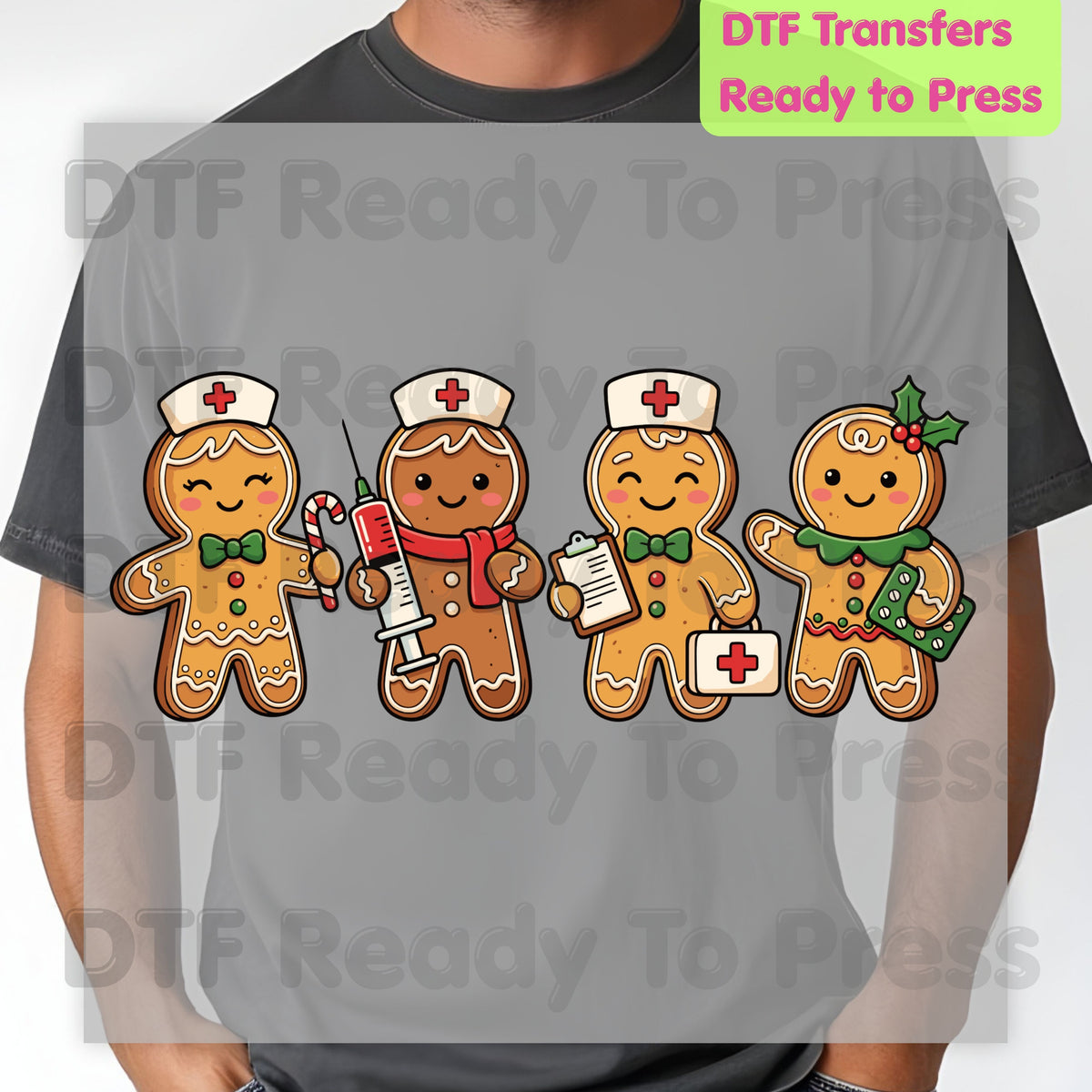 Christmas Gingerbread Nurse DTF Transfers, Holiday Medical Cookies Syringe Cute Nurse Ready to Press
