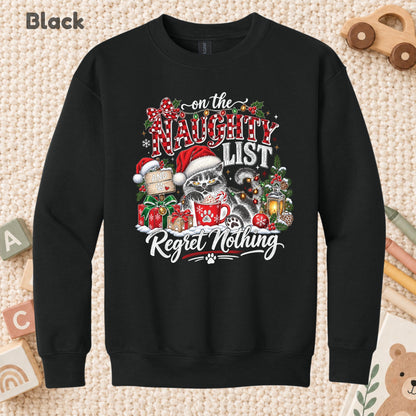 Naughty List Cat T-Shirt, Funny Christmas Black Cat Santa Hat Tee, Holiday Sweatshirt