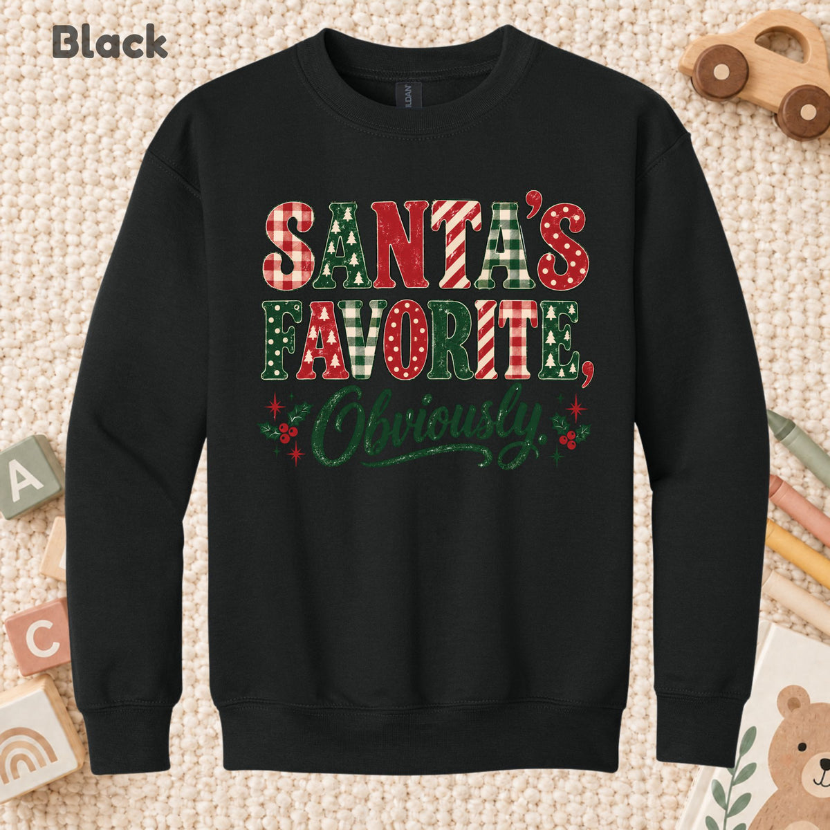Santa’s Favorite T-Shirt, Funny Christmas Plaid Lettering and Holly Graphic Tee, Holiday Shirt