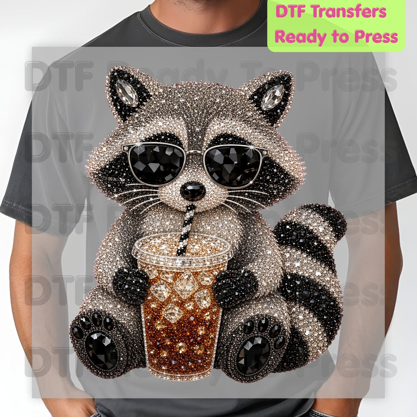 Cool Raccoon DTF Transfers, Sunglasses Iced Coffee Trash Panda Rhinestone Ready to Press