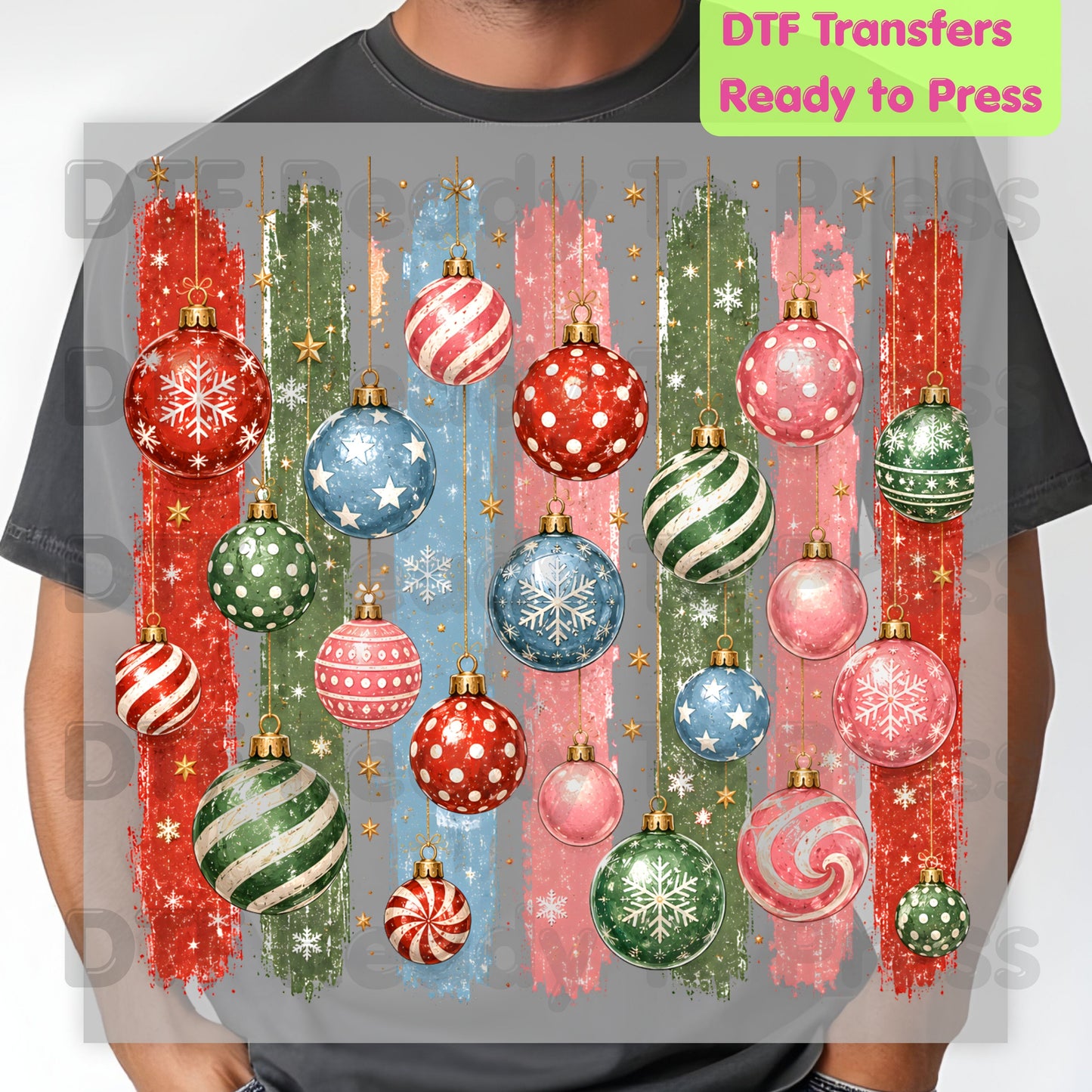 Christmas Ornaments DTF Transfers, Colorful Paint Strokes Holiday Baubles Festive Ready to Press