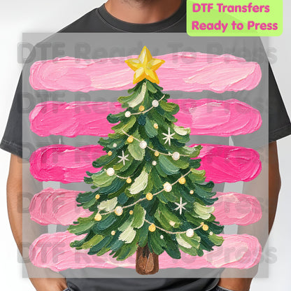 Christmas Tree DTF Transfers, Pink Brush Stripes Background Holiday Ready to Press
