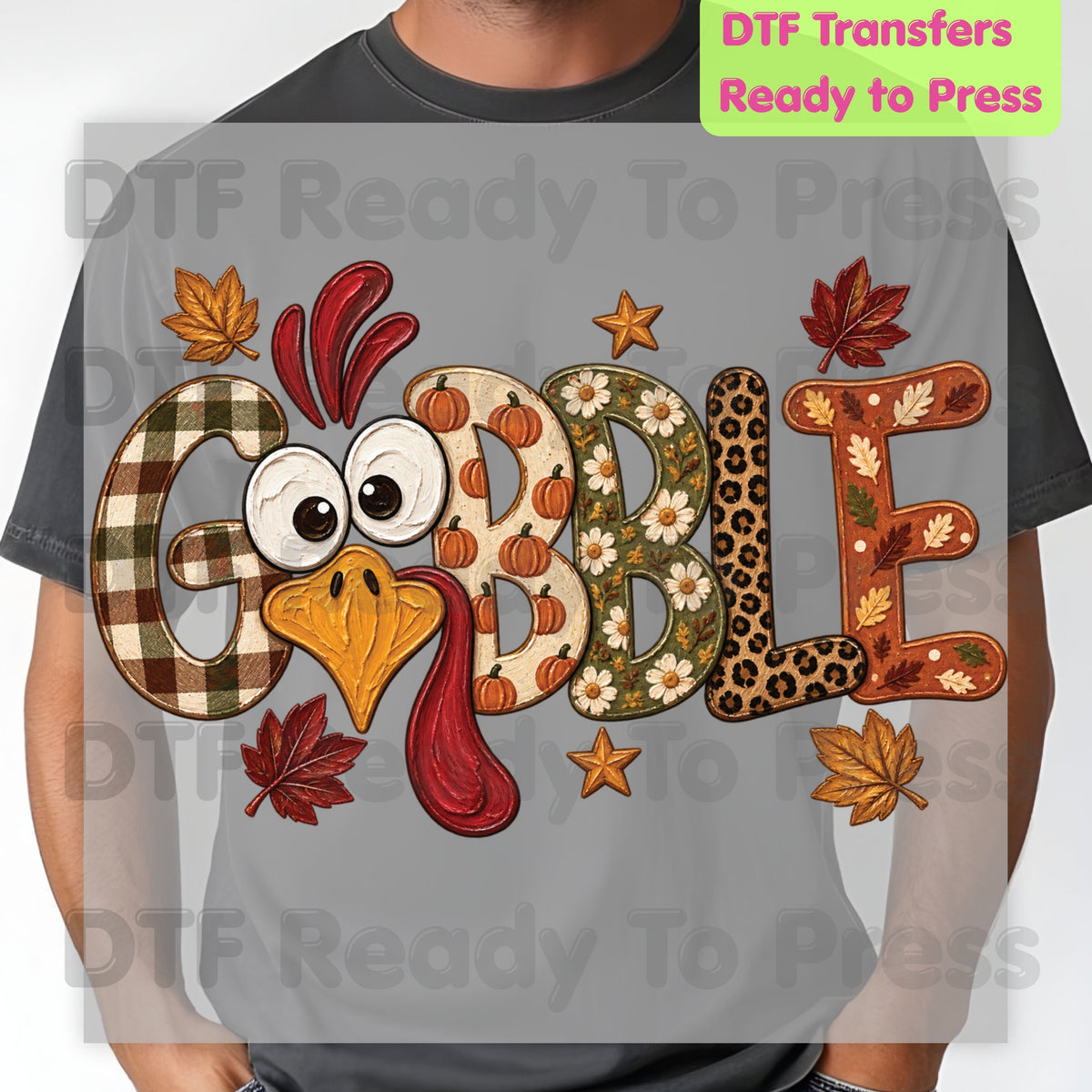 Thanksgiving DTF Transfer, Gobble Turkey Face, Plaid Leopard