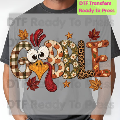 Thanksgiving DTF Transfer, Gobble Turkey Face, Plaid Leopard