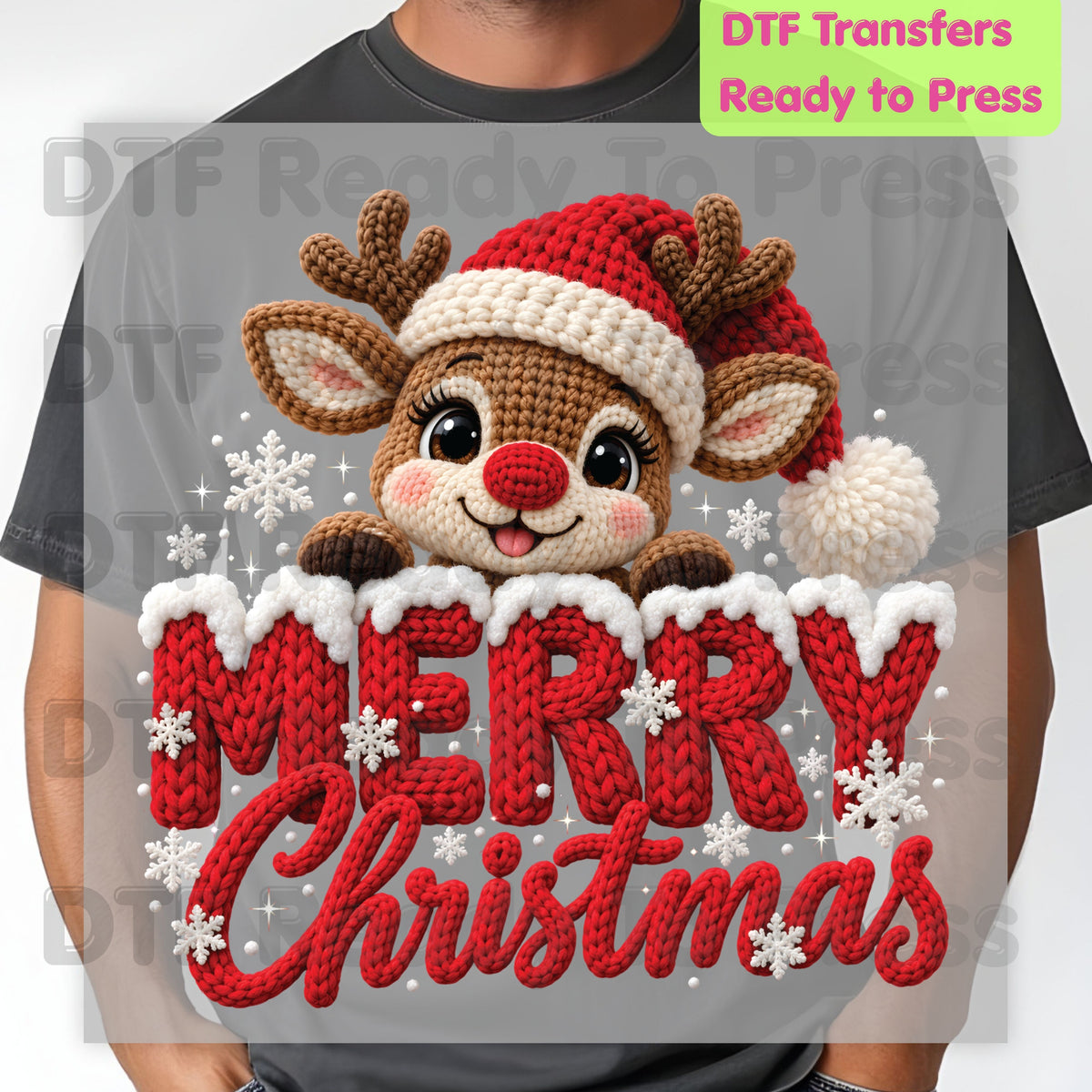 Christmas DTF Transfer, Cute Reindeer Santa Hat, Knitted Letters