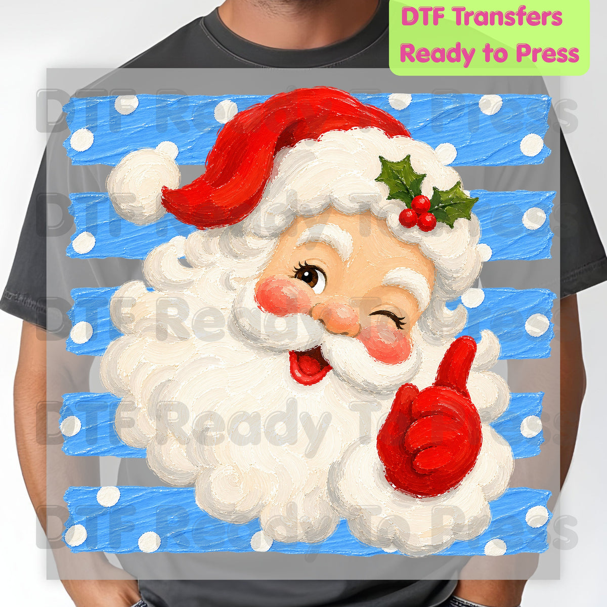 Vintage Winking Santa DTF Transfers, Blue Striped Background Christmas Holiday Ready to Press