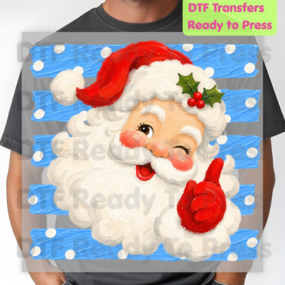 Vintage Winking Santa DTF Transfers, Blue Striped Background Christmas Holiday Ready to Press