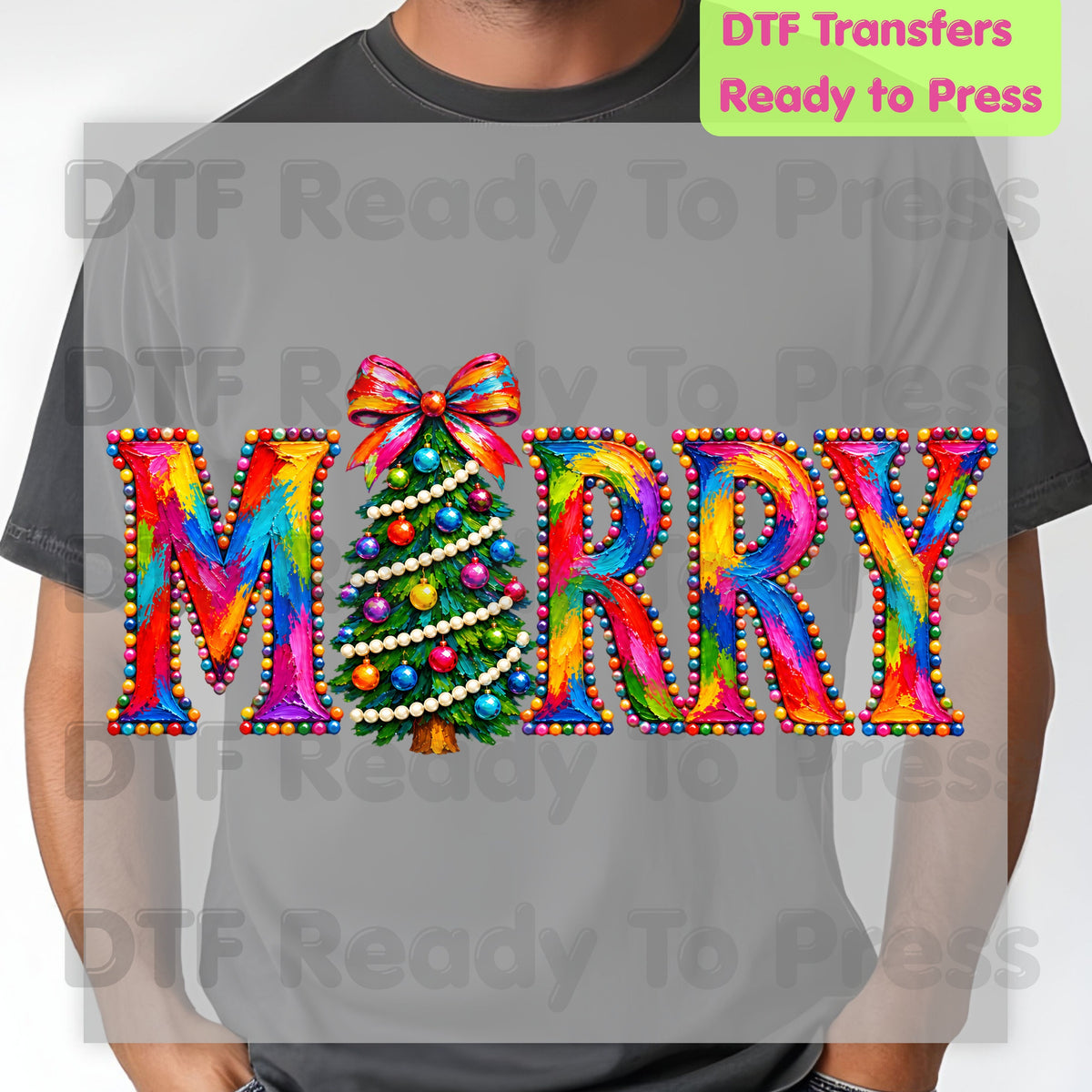 Merry Christmas Tree DTF Transfers, Colorful Painted Christmas Holiday Ready to Press