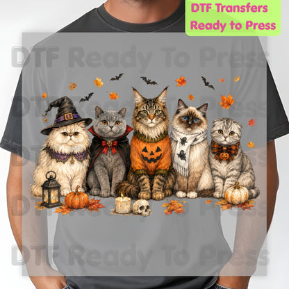 Halloween Cats DTF Transfer Ready to Press Witch Vampire Pumpkin Maine Coon Ragdoll Heat Transfer For Shirts Spooky Cat Gang Full Color