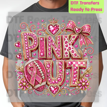 Pink Out DTF Transfers, Breast Cancer Awareness Glitter Football Pink Diamond Ribbon Crown Ready to Press