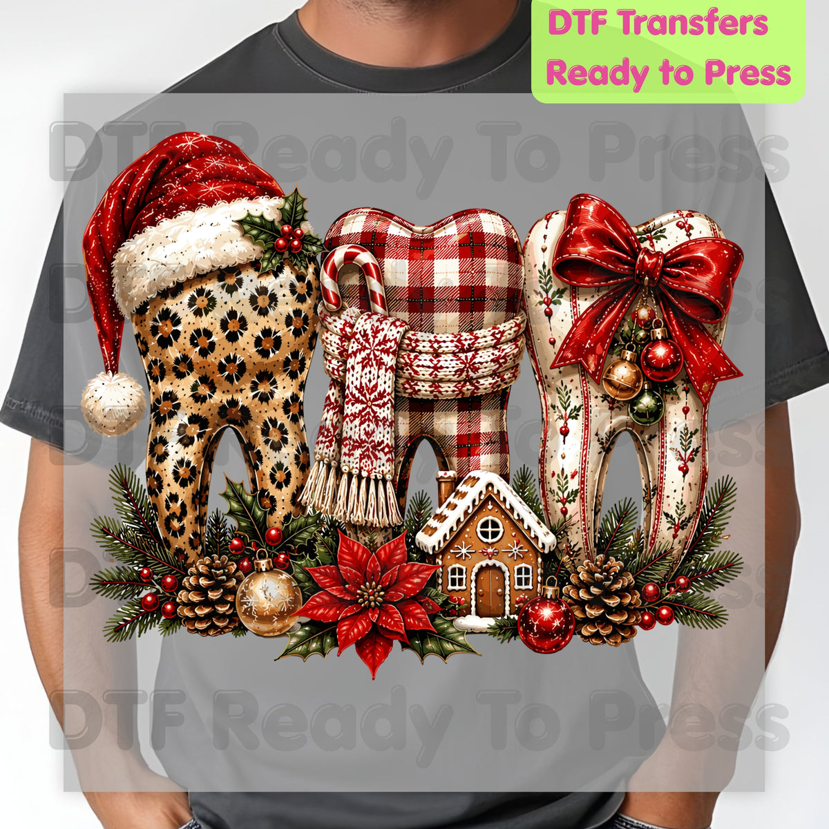 Christmas Dental Teeth DTF Transfers, Dentist Holiday Leopard Plaid Bow Ready to Press