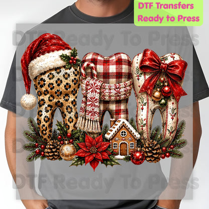 Christmas Dental Teeth DTF Transfers, Dentist Holiday Leopard Plaid Bow Ready to Press
