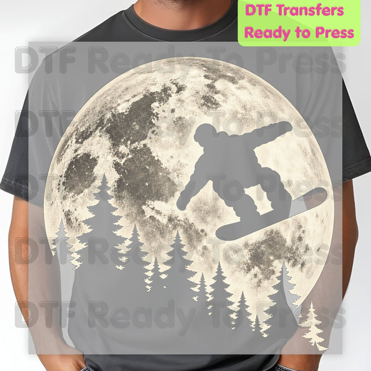 Snowboarding DTF Transfer, Full Moon Snowboarder and Pine Tree Silhouette