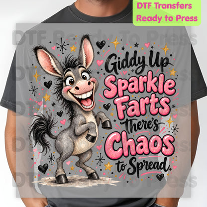 Funny Donkey DTF Transfers, Giddy Up Sparkle Farts Cute Chaos Quote Ready to Press