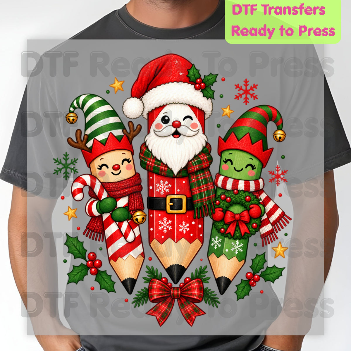 Christmas Teacher Pencils DTF Transfers, Holiday School Elf Santa Cute Teacher Ready to Press