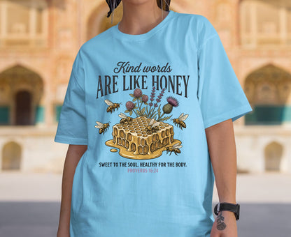 Kind Words Are Like Honey T Shirt Proverbs 16:24 Tee Christian Bee Honeycomb Shirt Religious Faith Gift Adult Youth Toddler Baby Apparel