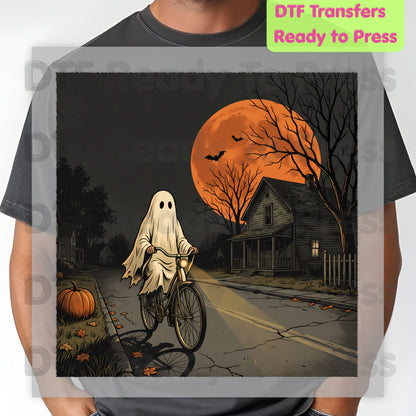Ghost Riding Bike DTF Transfers, Orange Harvest Moon Haunted House Halloween Ready to Press