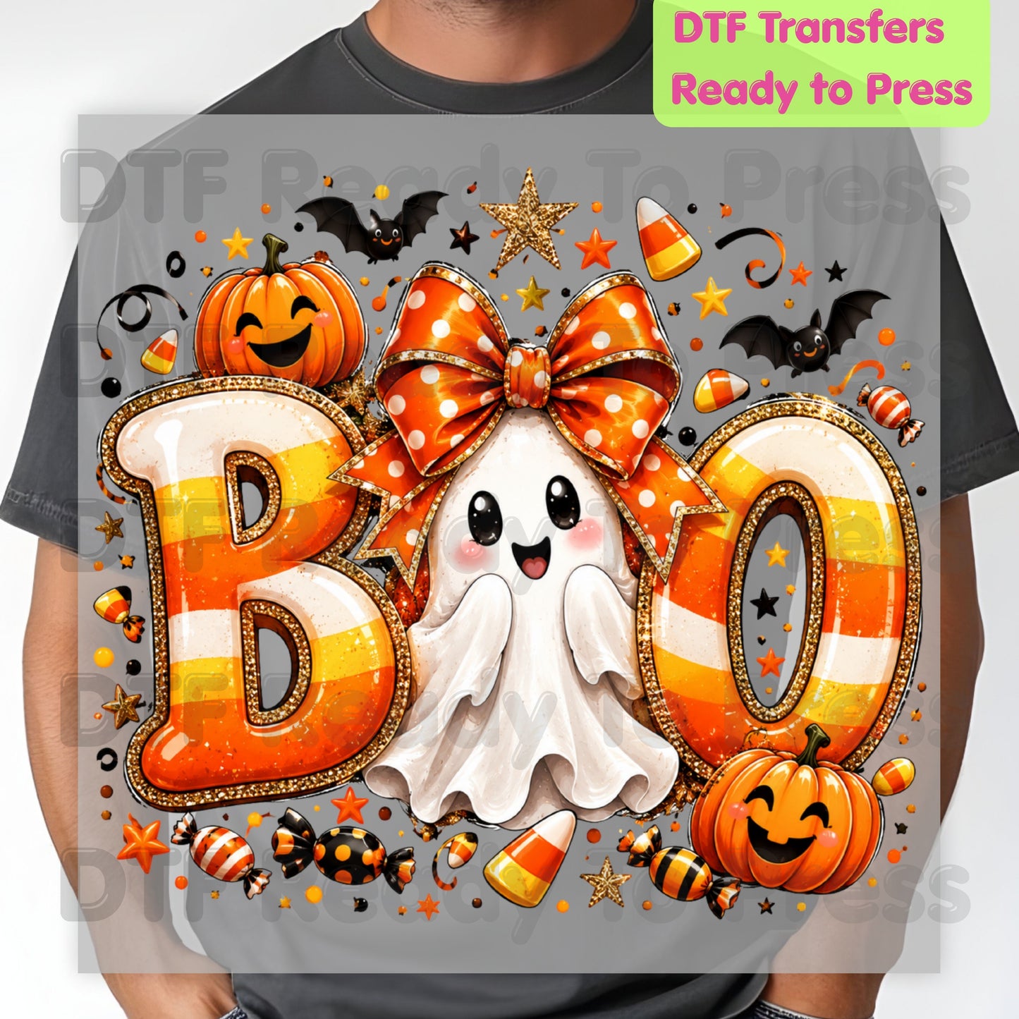 Halloween DTF Transfers, Boo Ghost Orange Bow Candy Corn Pumpkin Spooky Season Ready to Press