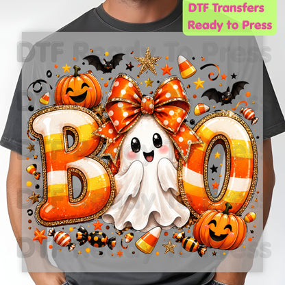 Halloween DTF Transfers, Boo Ghost Orange Bow Candy Corn Pumpkin Spooky Season Ready to Press