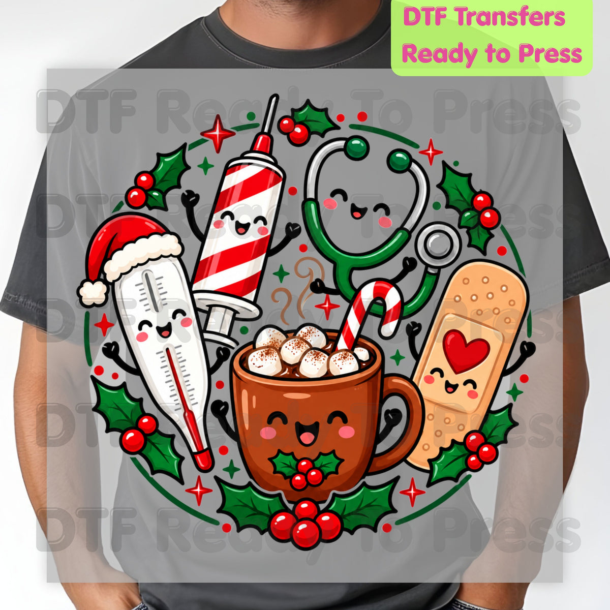 Christmas Medical Nurse DTF Transfers, Holiday Cocoa Thermometer Syringe Nurse Ready to Press
