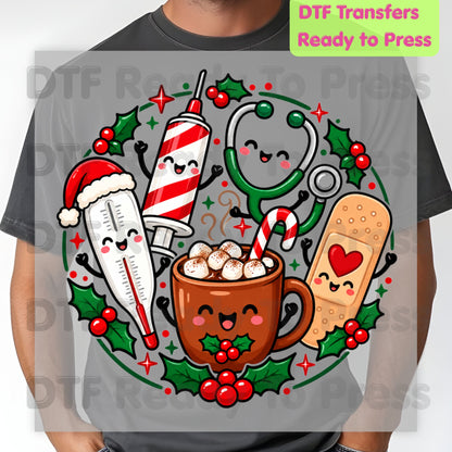 Christmas Medical Nurse DTF Transfers, Holiday Cocoa Thermometer Syringe Nurse Ready to Press
