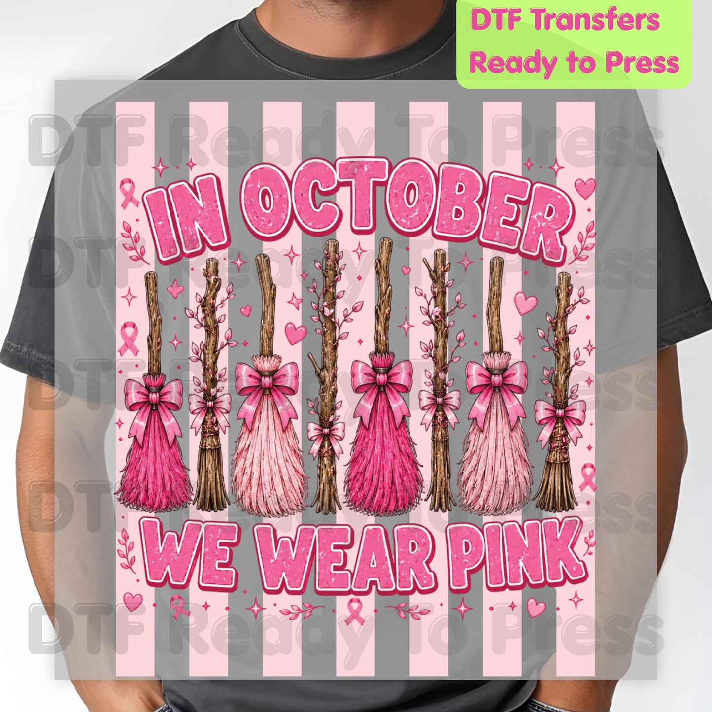In October We Wear Pink Witch Brooms Breast Cancer Awareness DTF Transfer Ready to Press Heat Transfer Tee