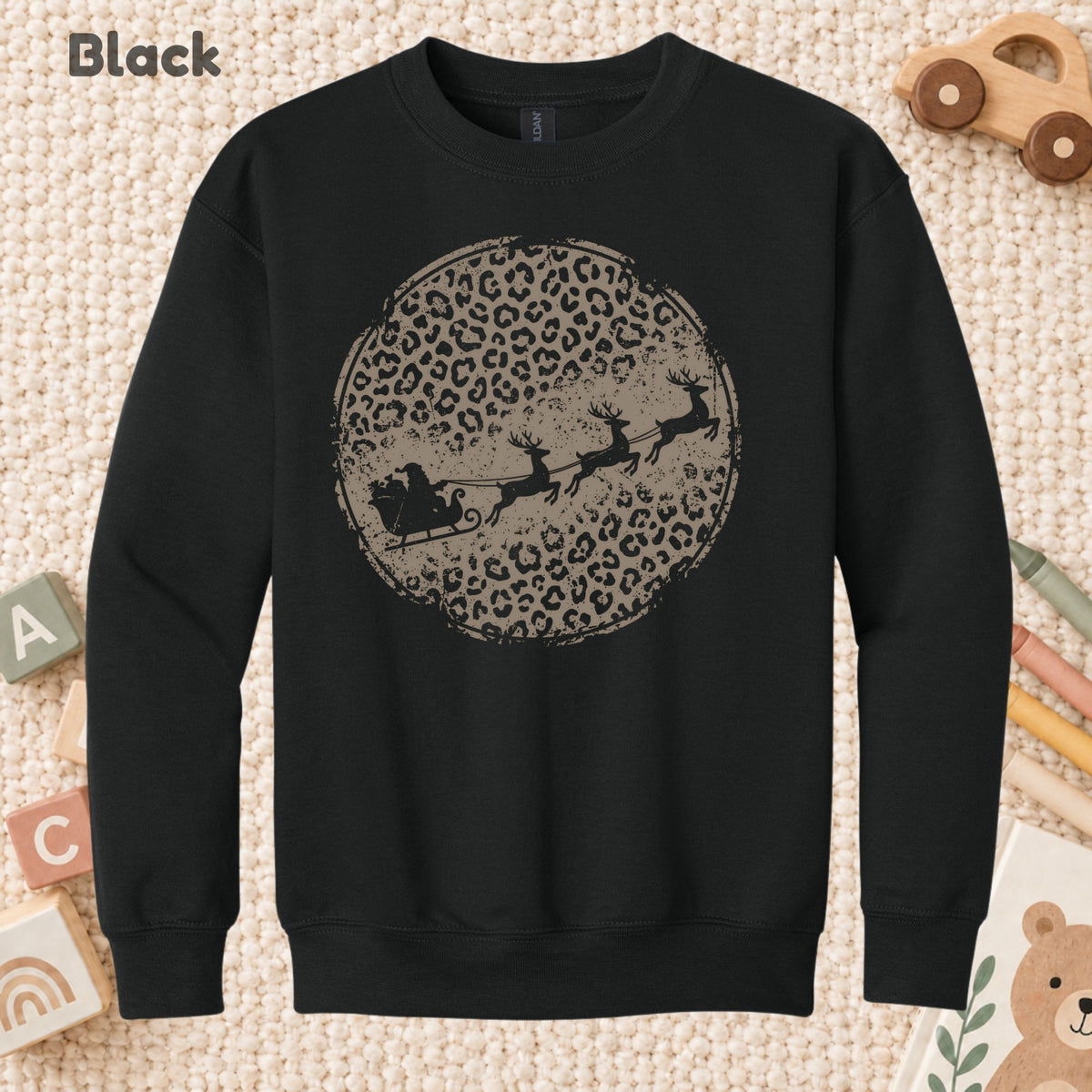 Leopard Print Santa Sleigh T-Shirt, Christmas Reindeer Graphic Tee, Trendy Holiday Shirt