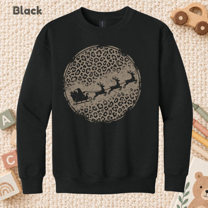 Leopard Print Santa Sleigh T-Shirt, Christmas Reindeer Graphic Tee, Trendy Holiday Shirt