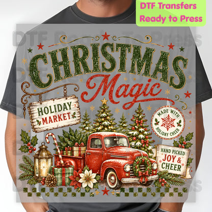 Magic Red Truck Christmas DTF Transfers, Tree Holiday Market Vintage Ready to Press