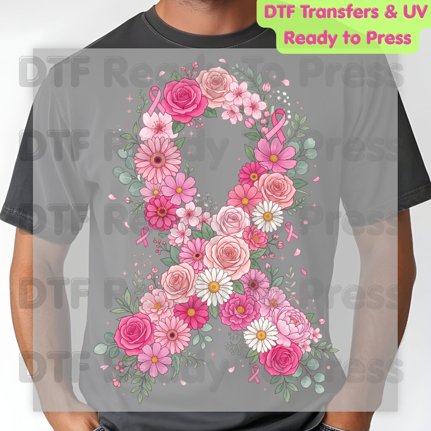 Floral Pink Ribbon Breast Cancer Awareness DTF Transfer Ready to Press Heat Transfer Survivor Tee