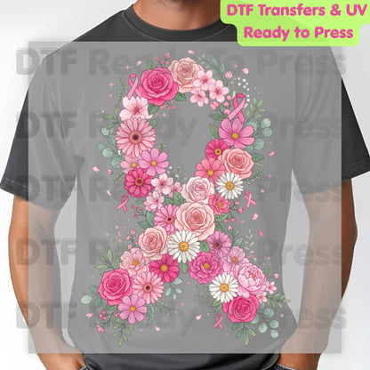 Floral Pink Ribbon Breast Cancer Awareness DTF Transfer Ready to Press Heat Transfer Survivor Tee