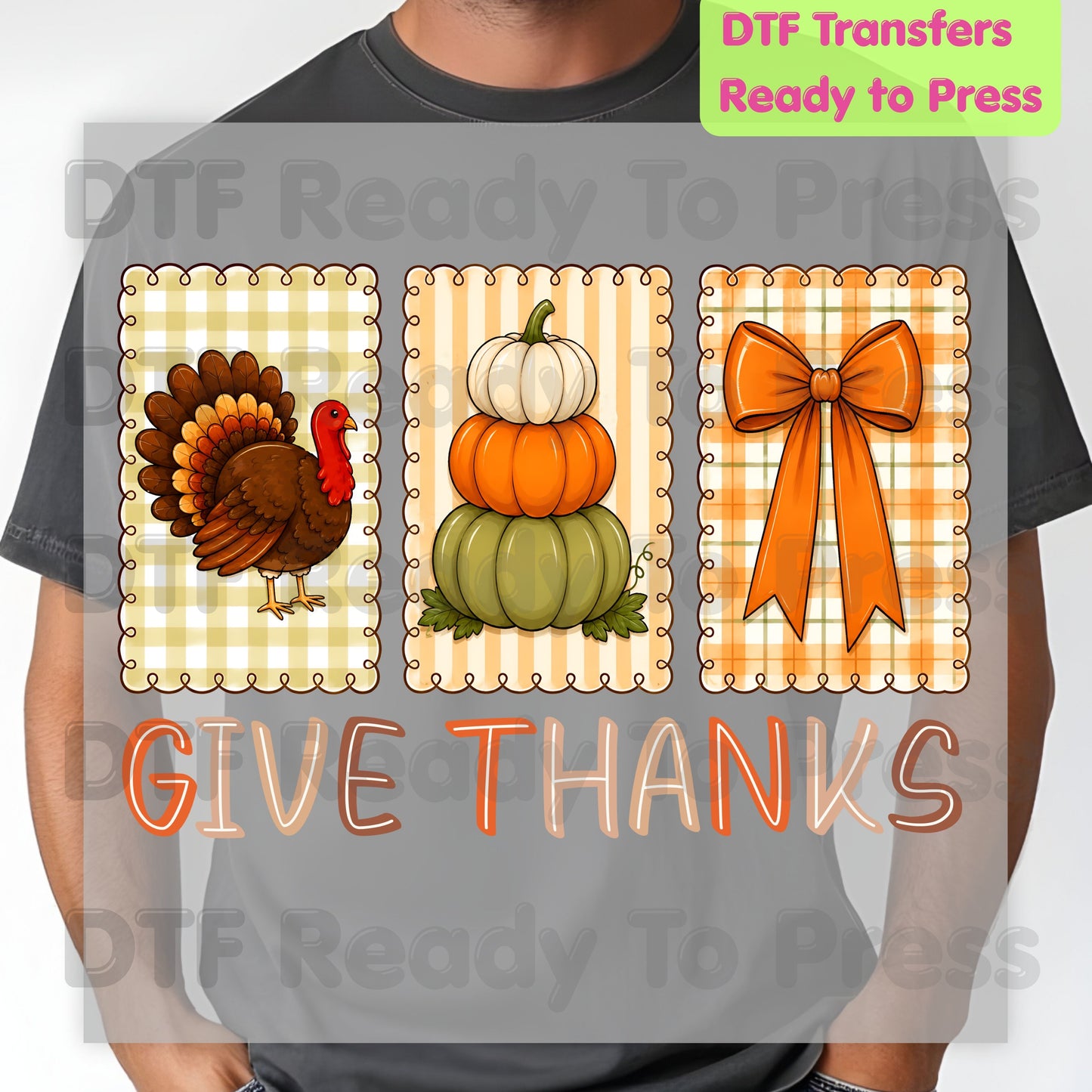 Thanksgiving DTF Transfer Ready to Press Give Thanks Turkey Stacked Pumpkins Coquette Bow Heat Transfer Shirts Autumn Clothing