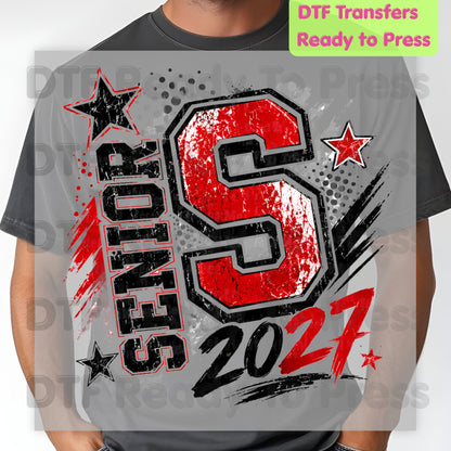 Senior 2027 DTF Transfers, Class of 2027 Red Black Distressed Letter Graduation Ready to Press