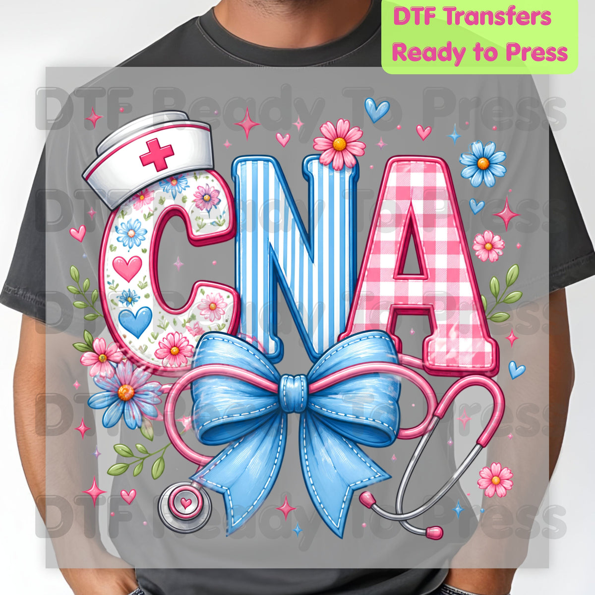 CNA Floral Bow DTF Transfers, Coquette Nurse Stethoscope Pink Blue Medical Graphic Ready to Press